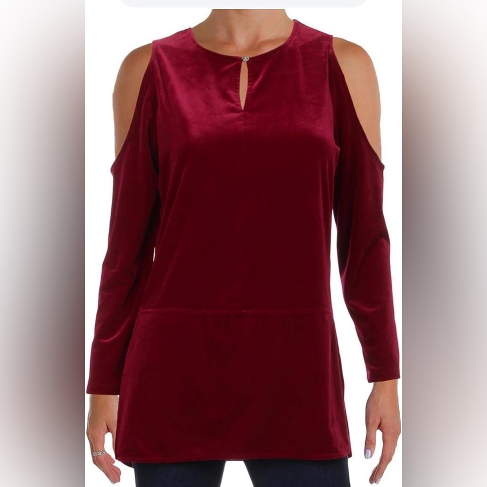 Lauren Ralph Lauren Velvet Cold Shoulder Top Luxury Women’s Berry Blouse Size M